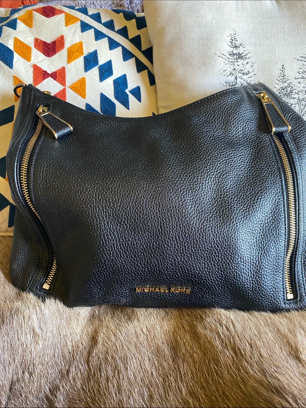 Michael Kors Black Pebbled Leather Shoulder Bag with Gold Hardware